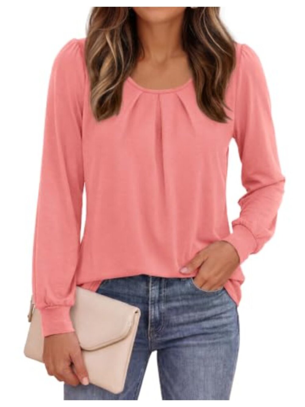 Womens Pleated Front Blouse Puff Sleeve Crew Neck Business Casual Top